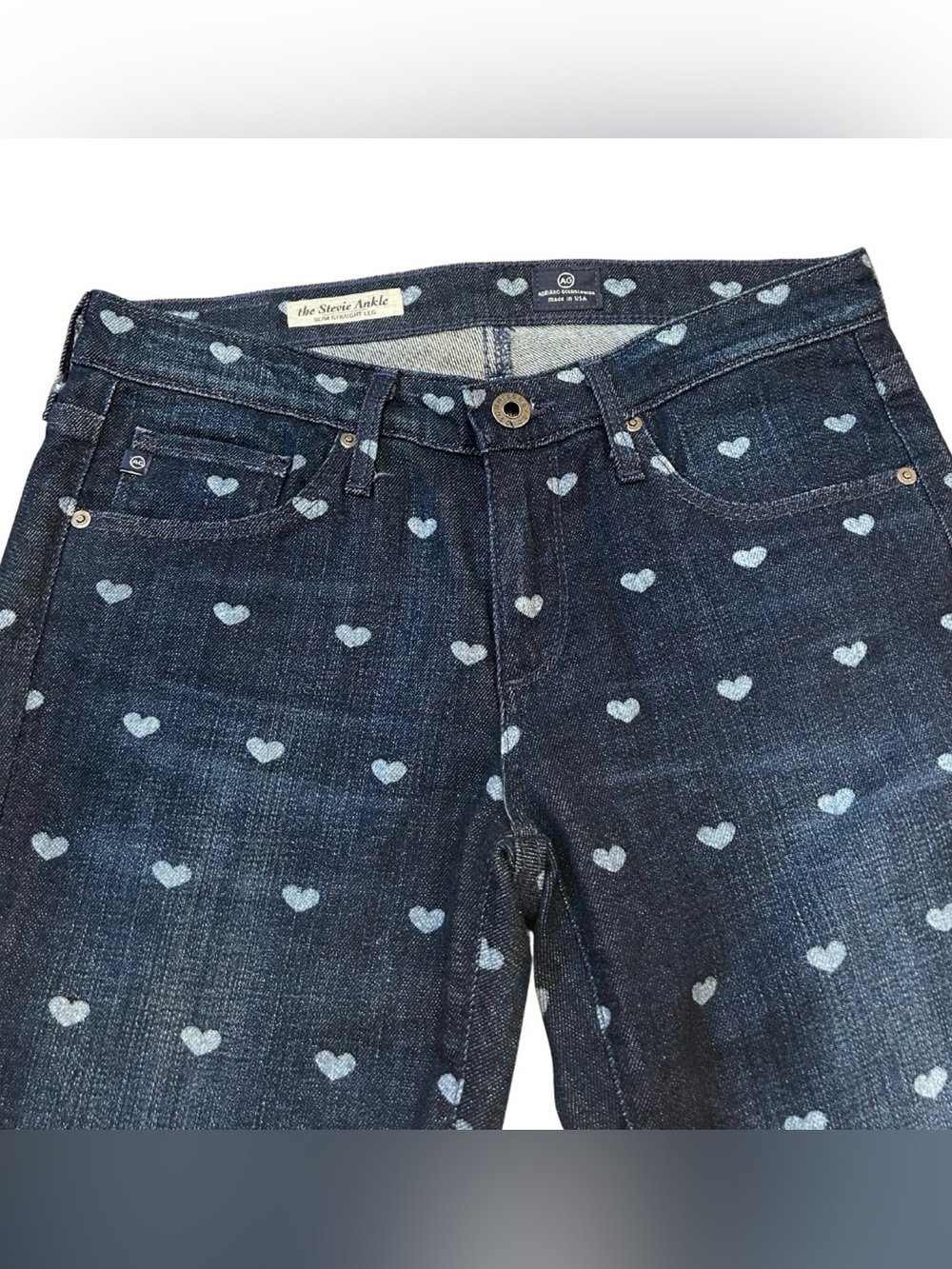 AG The Stevie Slim Straight Ankle Jeans | Dark Blue Heart Print | Size 26 | NWOT - Picture 5 of 6